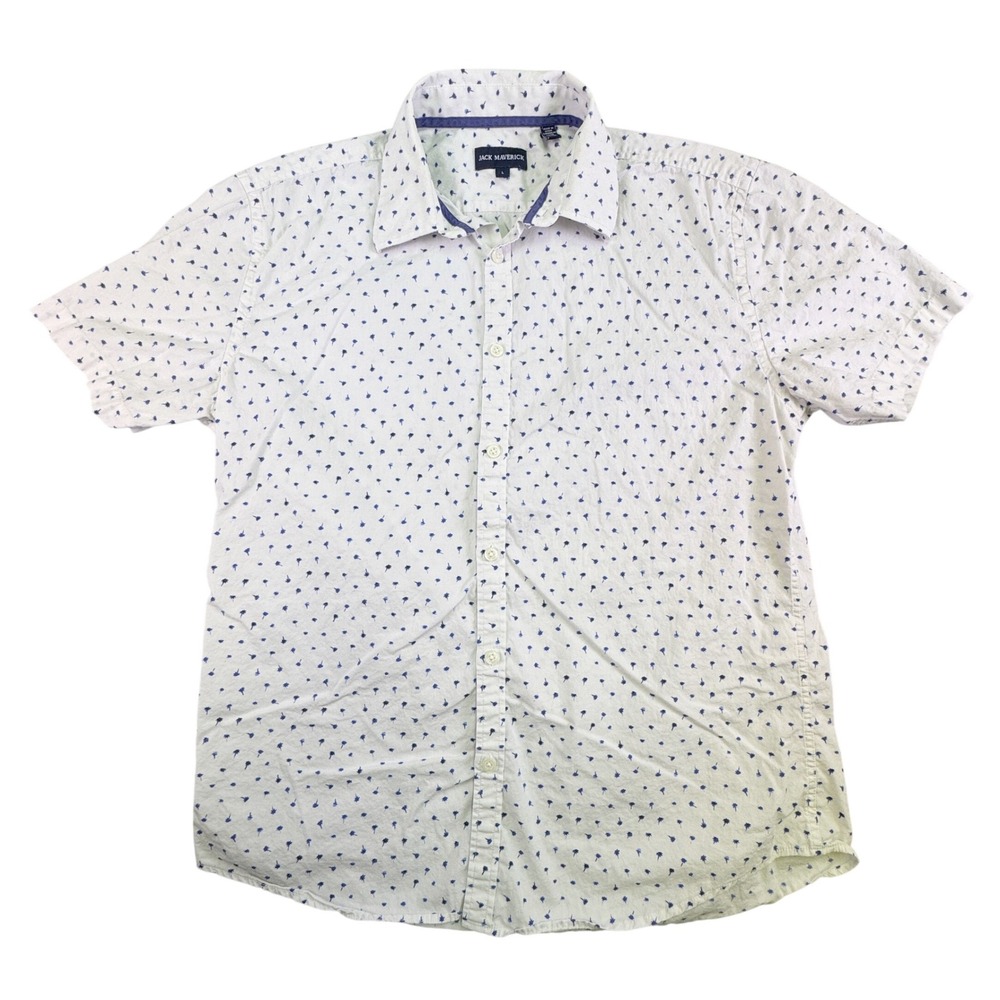 Jack Maverick Button Down Shirt Men's Large Slim‎ Fit Palm Tree White Blue Beach